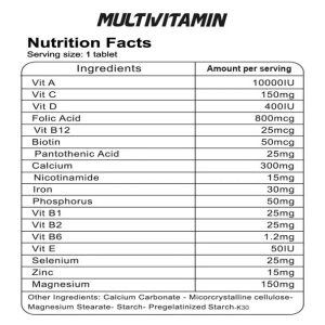 جدول ارزش غذایی قرص مولتی ویتامین اسپرت ژن استار